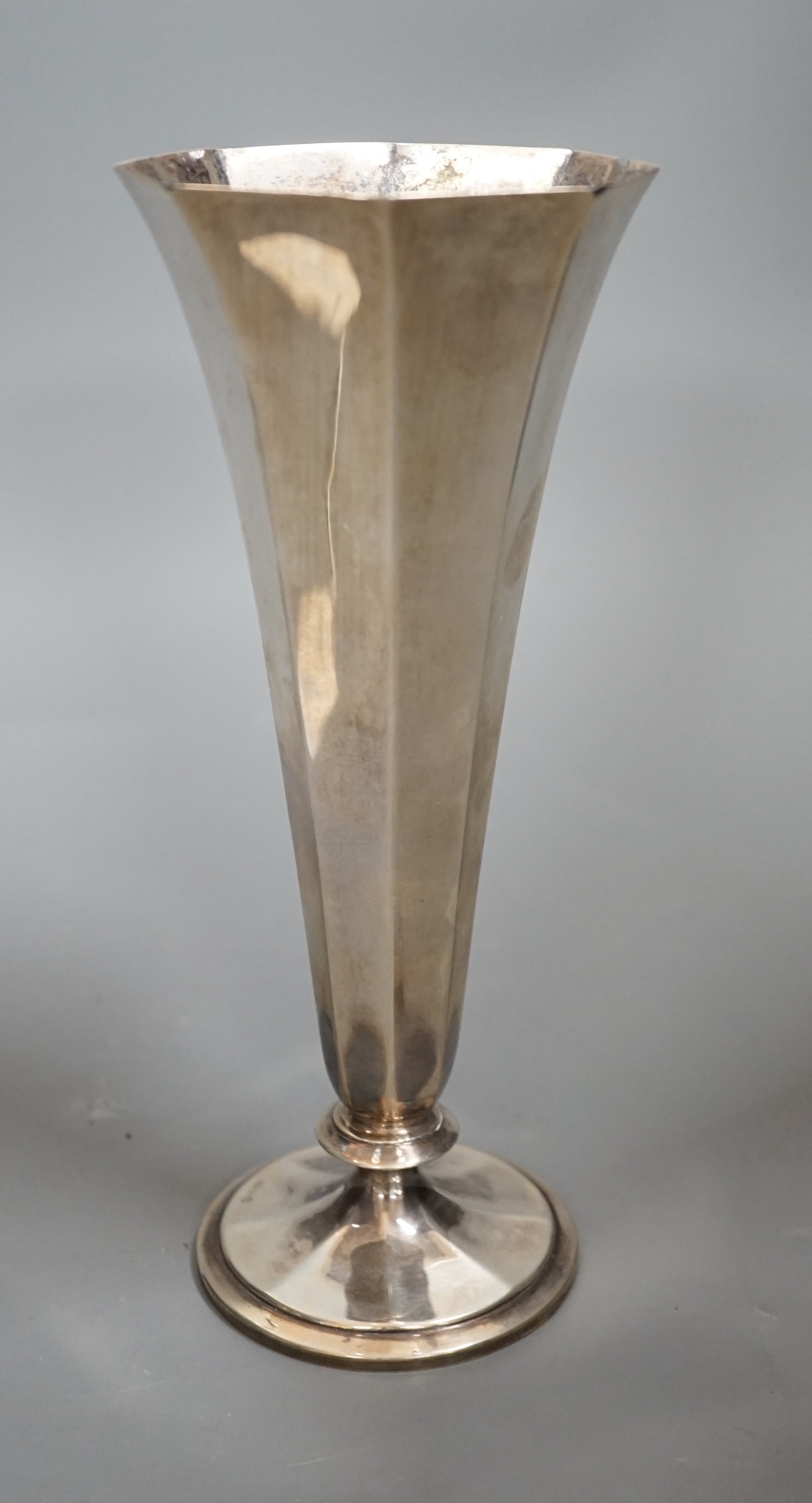 A German 800 standard white metal flared hexagonal specimen vase, 22.1cm, weighted.